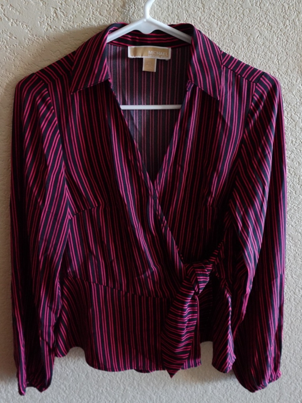 Michael Kors Magenta and Black Striped Wrap Button-Down